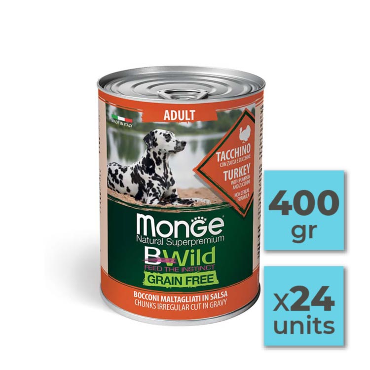 Pack latas de comida en salsa para perro adulto con pavo - 400gr (24u)